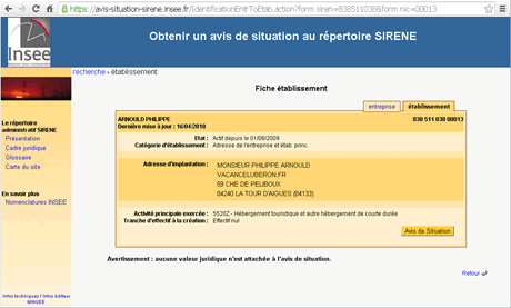 Ecran de consultation de la base de donnée SIREN