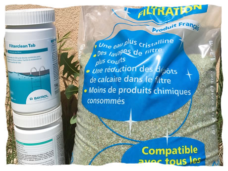 Le filtre est rempli de grains de sable pour une meilleure filtration de l'eau de la piscine. Des galets de chlore sont utilisés pour la désinfection de celui-ci